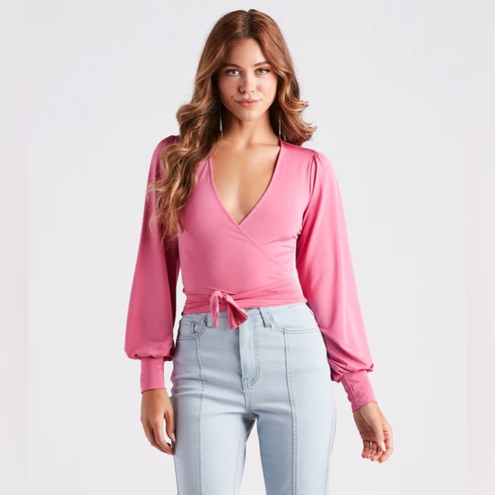 Windsor Pink Slinky Knit Wrap Front Top